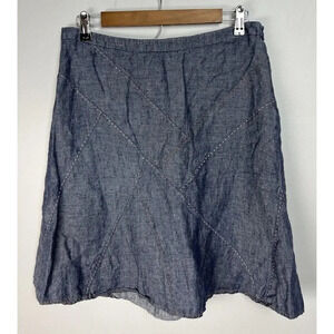 CAbi Style #930 Blue Linen Skirt Flared Topstitch Patchwork A-Line Size 8 Womens